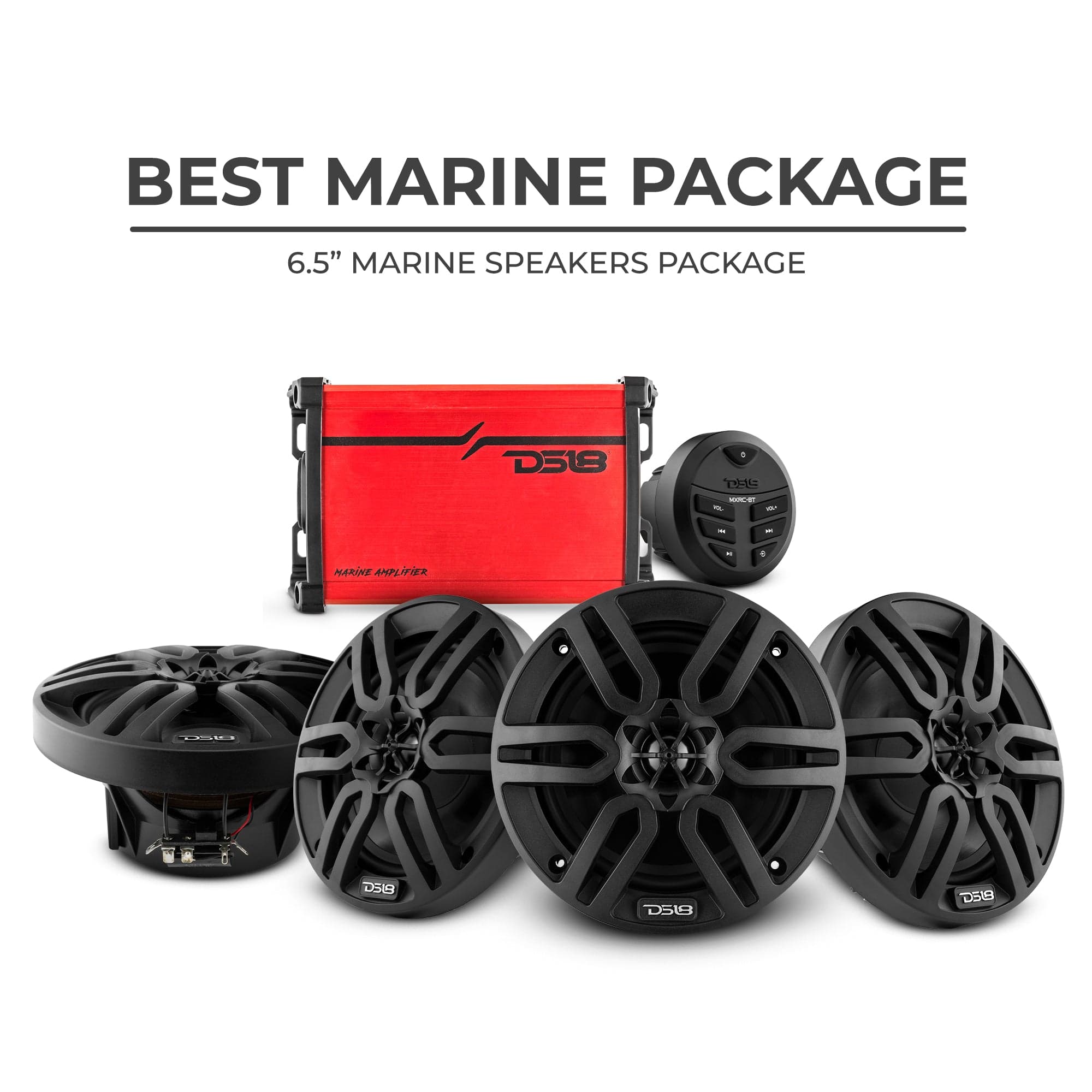 El mejor paquete de audio marino: 4 altavoces de 6,5" con unidad principal y amplificador de 4 canales.