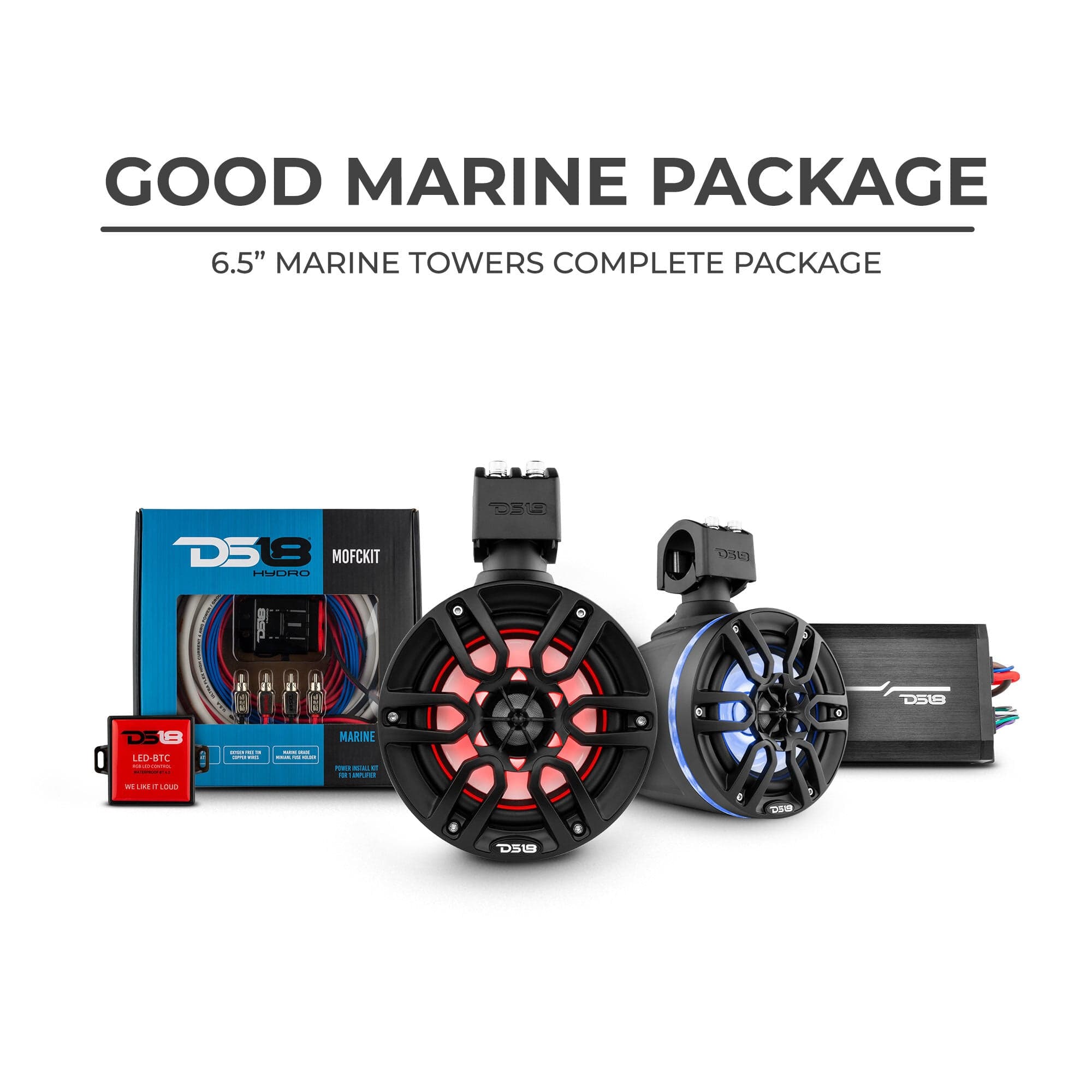 Paquete estéreo marino DS18: 2 altavoces de torre de 6,5" | 1 amplificador de 2 canales | 1 MOFCKIT4 y 1 LED-BTC