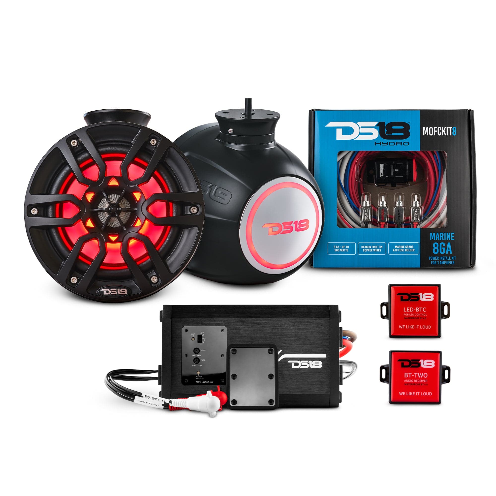 Altavoces compactos de 6,5" con amplificador marino, kit de instalación y luces LED RGB: el paquete perfecto para motos acuáticas.