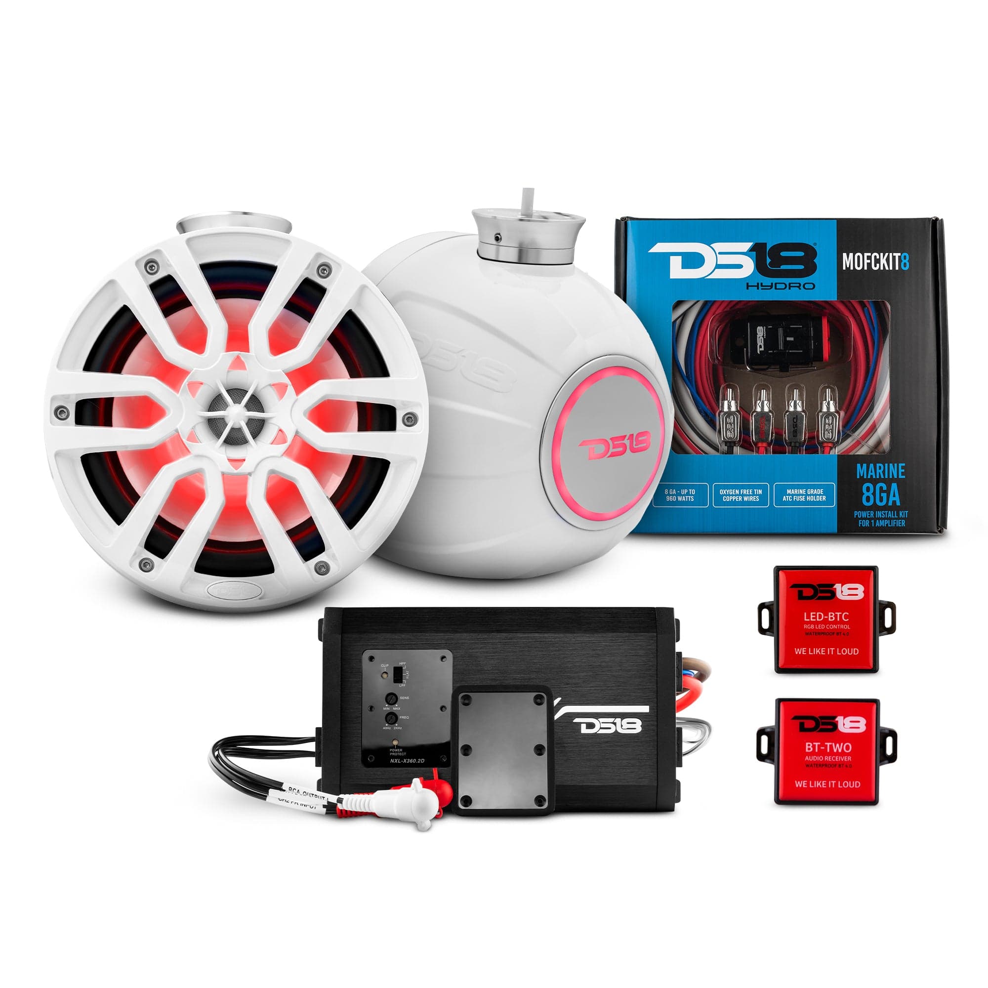 Altavoces compactos de 8" con amplificador marino, kit de instalación y luces LED RGB: el paquete perfecto para motos acuáticas.