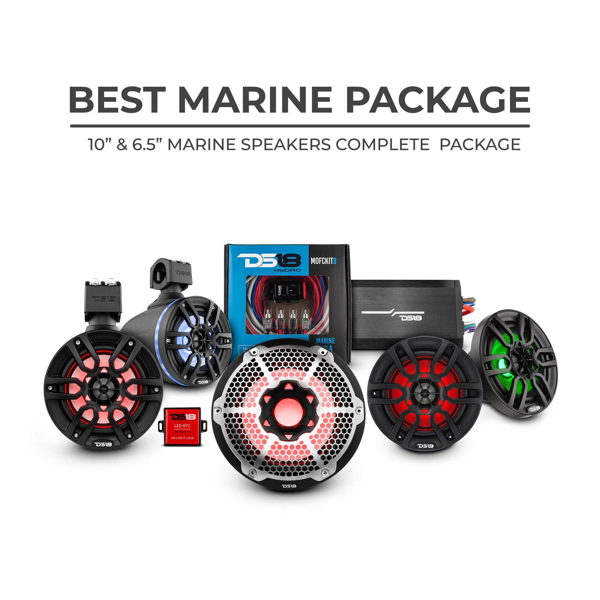 Paquete de subwoofer estéreo marino DS18: 1 subwoofer de 10" | 2 altavoces de torre de 6,5" | 2 altavoces marinos de 6,5" | 1 amplificador de 5 canales | 1 MOFCKIT4 y 1 LED-BTC