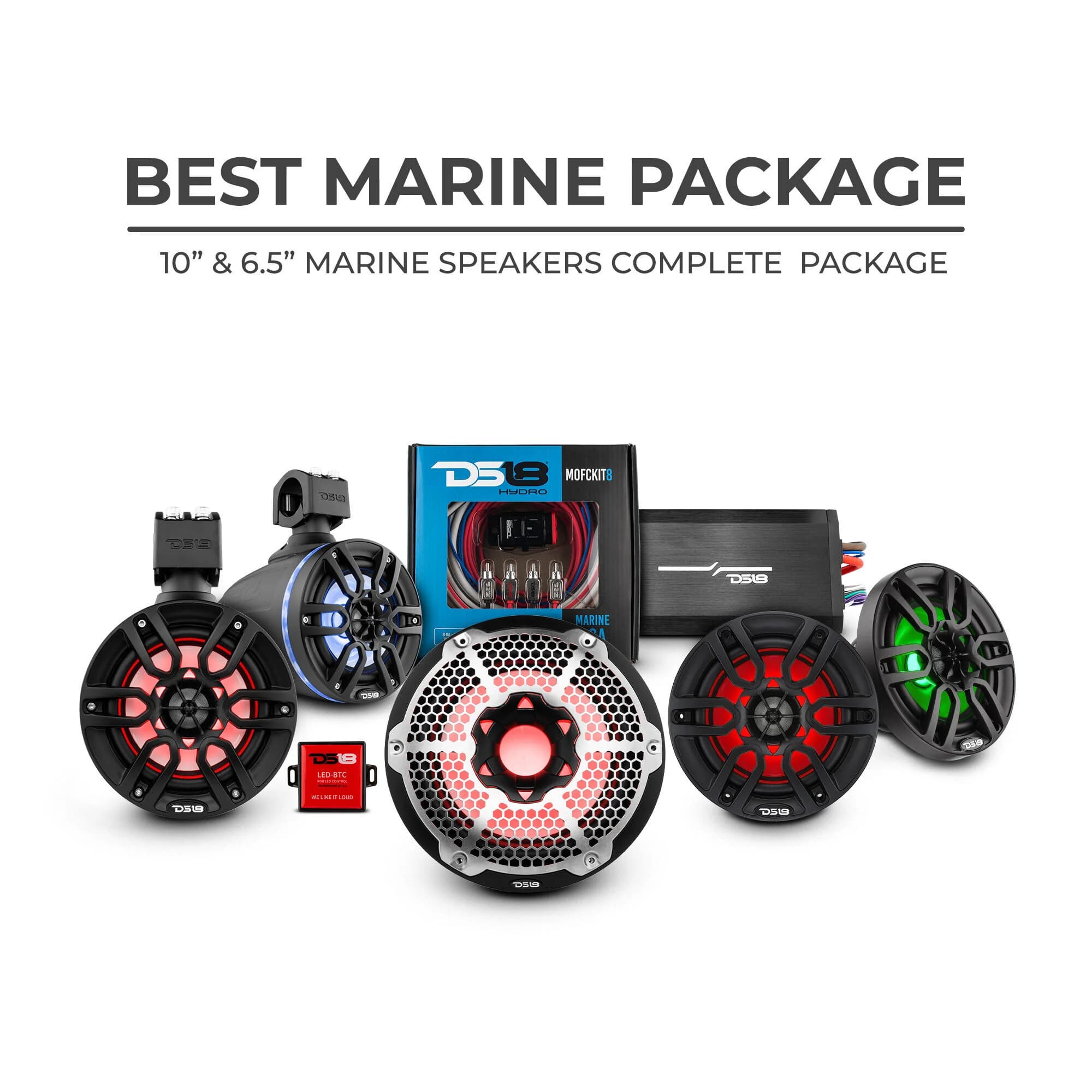 Paquete de subwoofer estéreo marino DS18: 1 subwoofer de 10" | 2 altavoces de torre de 6,5" | 2 altavoces marinos de 6,5" | 1 amplificador de 5 canales | 1 MOFCKIT4 y 1 LED-BTC