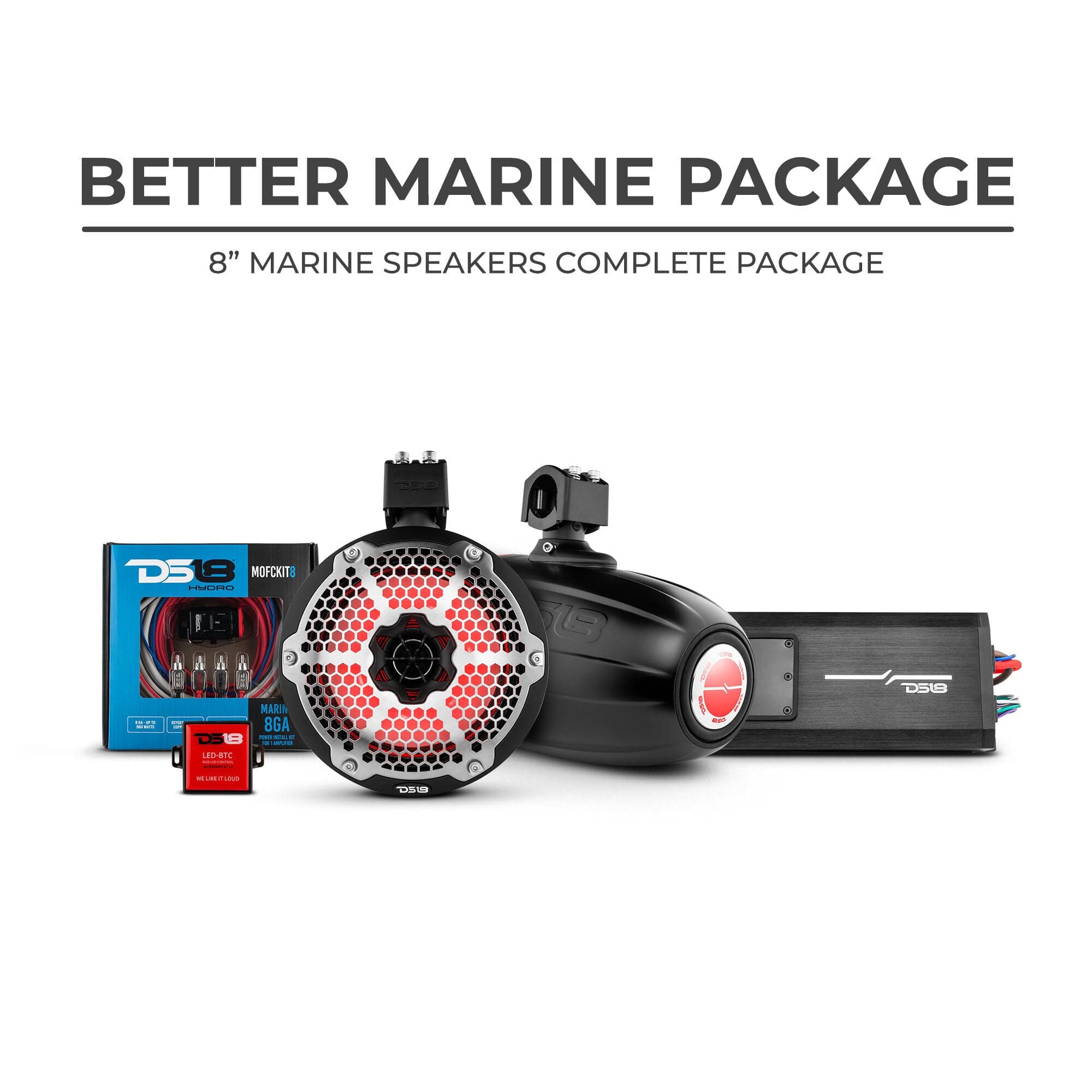 Paquete estéreo marino DS18 mejorado: 2 torres de altavoces de 8" | 1 amplificador de 2 canales | 1 MOFCKIT8 y 1 LED-BTC