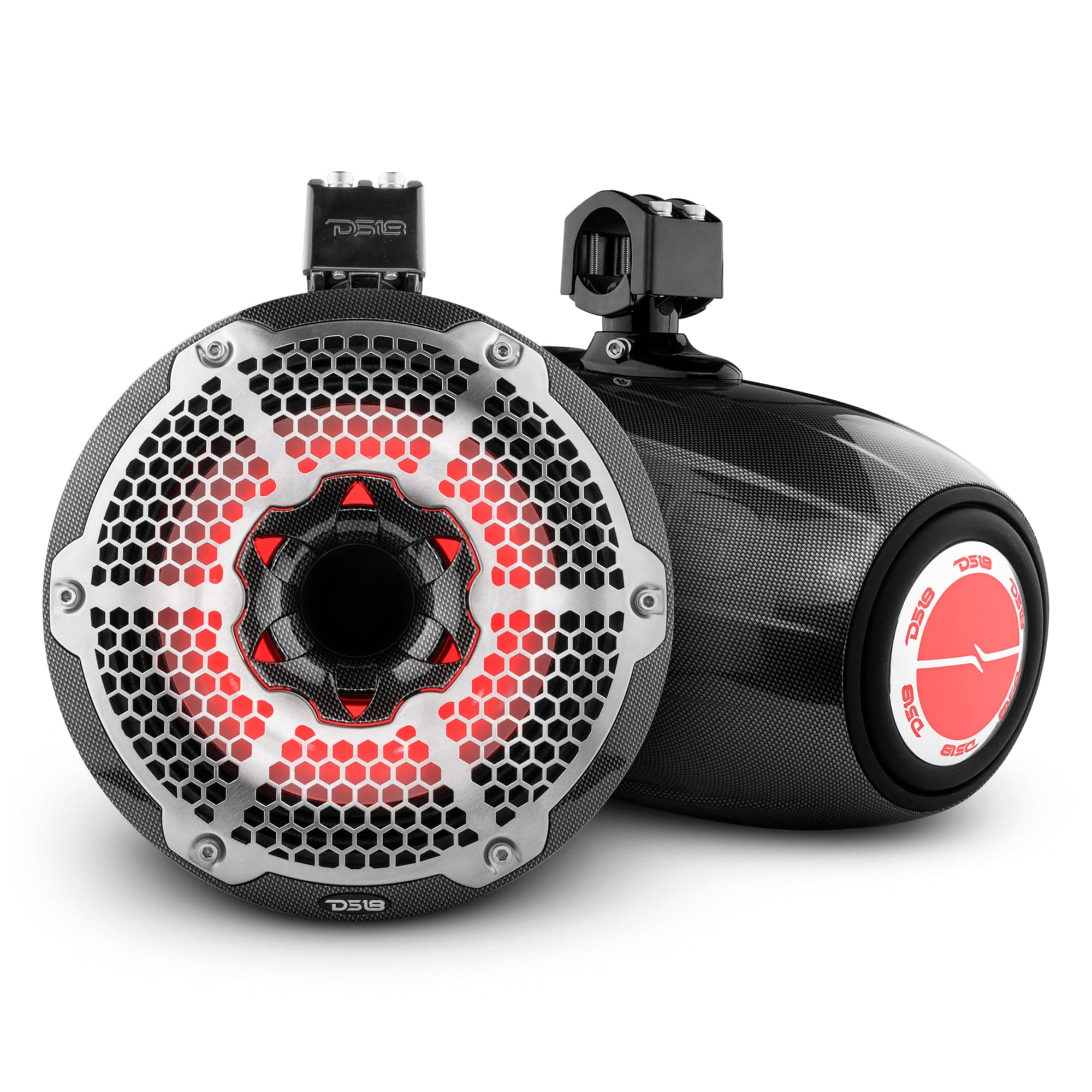Torres NXL de 10" para embarcaciones y vehículos recreativos con iluminación de neodimio, radiador pasivo integrado, controlador de 1" y luces LED RGB de 300 vatios RMS - Fibra de carbono negra