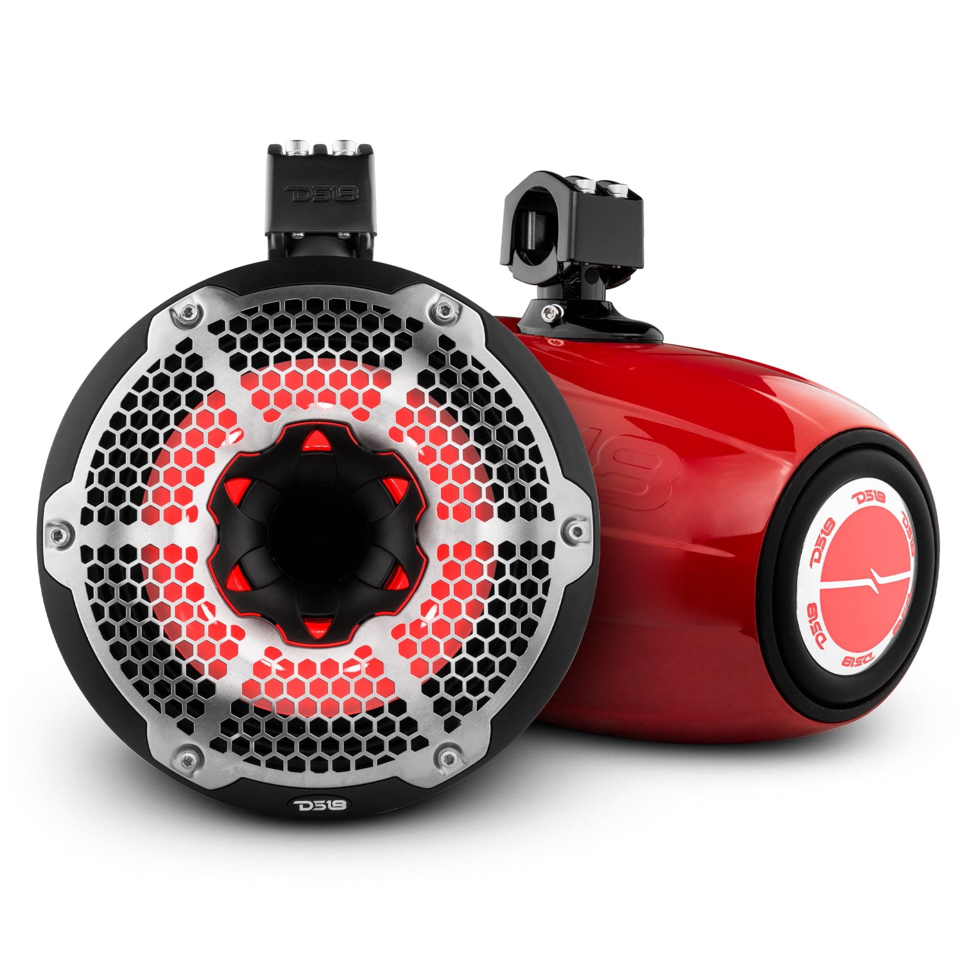 Torres NXL de 10" de neodimio para embarcaciones y vehículos recreativos con radiador pasivo integrado, controlador de 1" y luces LED RGB de 300 vatios RMS - Rojo