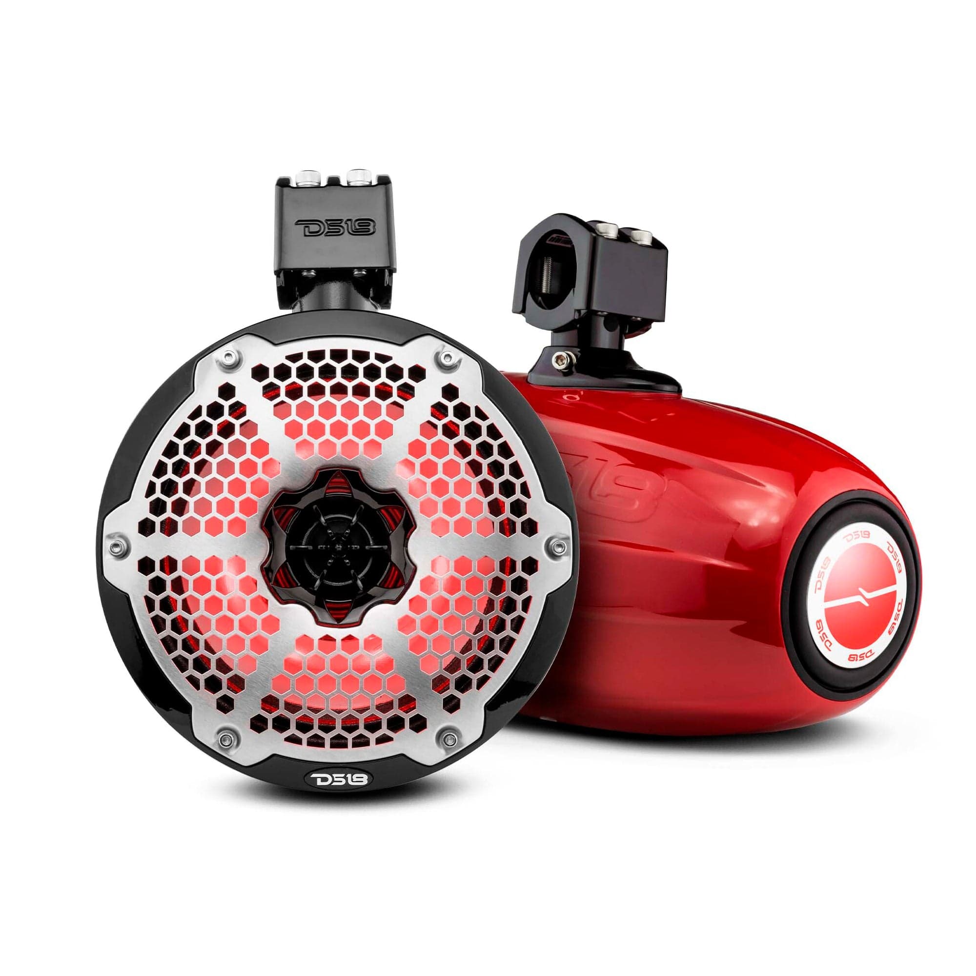 Torres NXL de 8" de neodimio para embarcaciones y vehículos recreativos con radiador pasivo integrado, controlador de 1" y luces LED RGB de 180 vatios RMS - Rojo