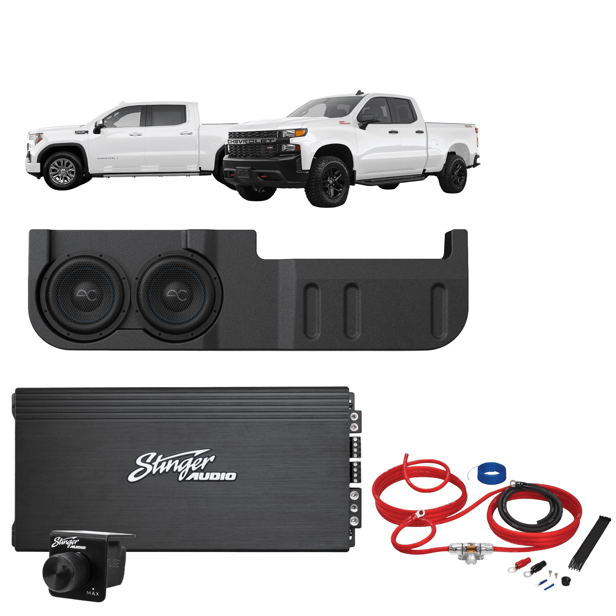 Chevy Silverado/GMC Sierra 1500 (2019+)/2500/3500 Crew Cab (2020+) Dual 10" Loaded Subwoofer Enclosure with Stinger Audio 2000W Monoblock Amplifier & Wiring Kit