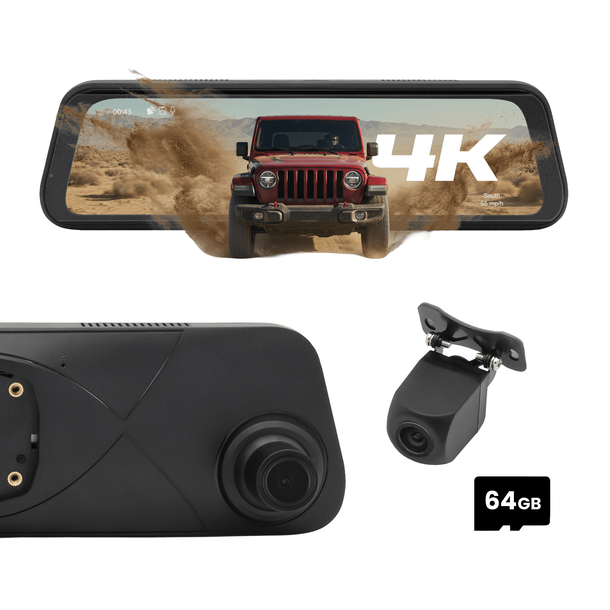 Stinger STR4K 9.66" 4K RearView DVR Monitor Mirror Camera | Front & Rear Dash/Backup Camera Kit